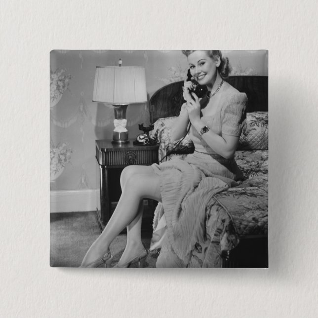 Woman Talking on Phone 2 Inch Square Button (Front)