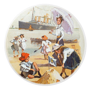 Woman ~ Umbrella ~ Children ~ Hamburg-Amerika Line Ceramic Knob