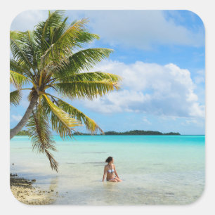 Woman under a palm tree in the Pacific sticker