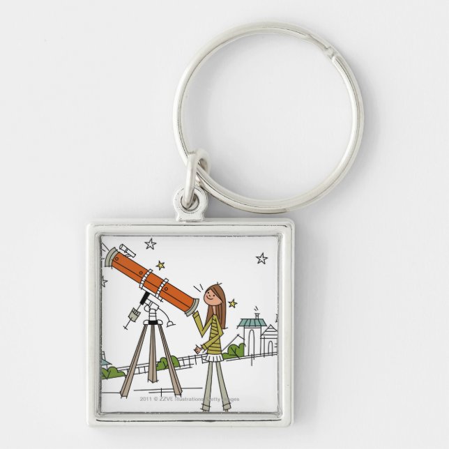 Woman using an astronomy telescope keychain (Front)
