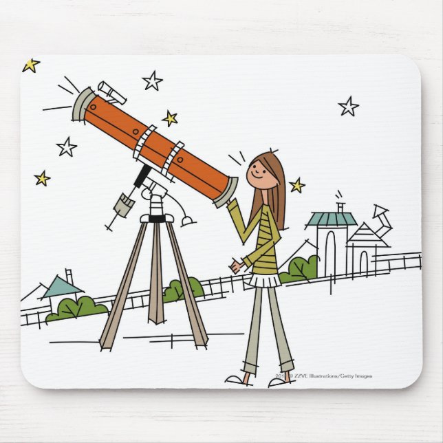 Woman using an astronomy telescope mouse pad (Front)
