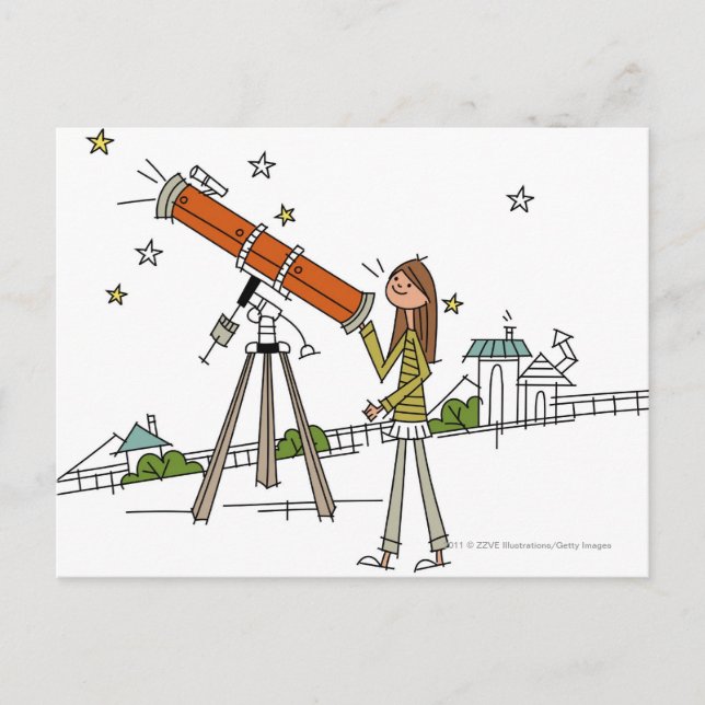 Woman using an astronomy telescope postcard (Front)