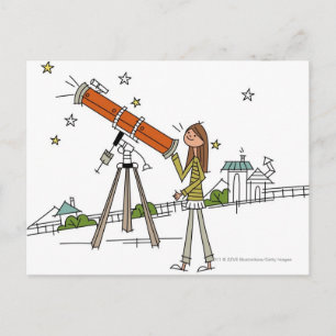Woman using an astronomy telescope postcard