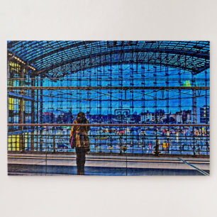 Woman waiting for a train in blue hour jigsaw puzzle