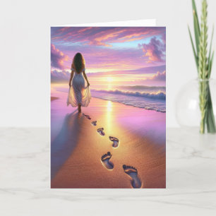 Woman Walking A Sunset Beach Card
