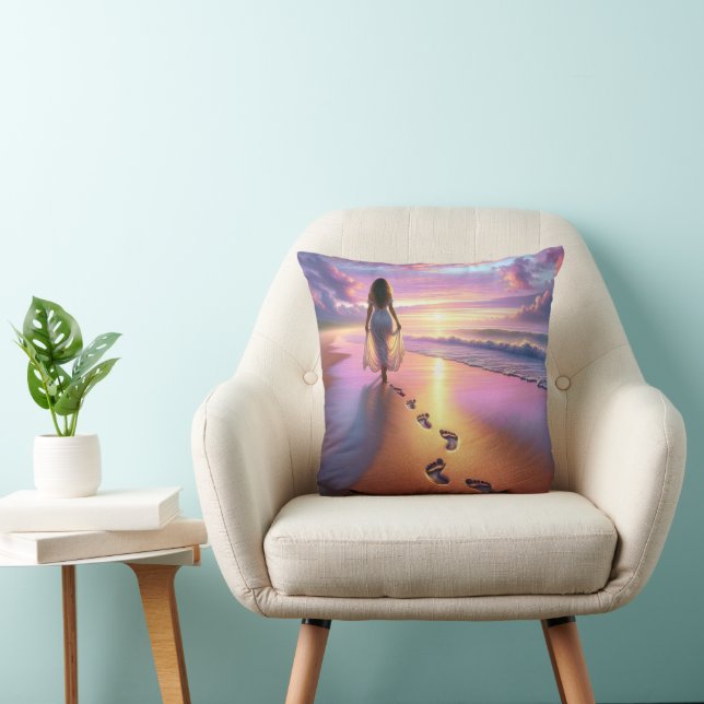 Woman Walking A Sunset Beach  Throw Pillow (Chair)