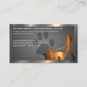 Woman Walking Dogs   Paw   Metallic Border Business Card