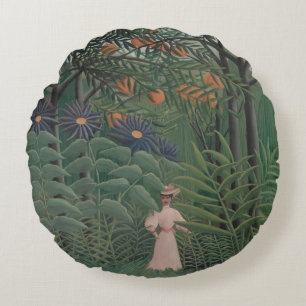 Woman Walking in an Exotic Forest, Henri Rousseau Round Pillow