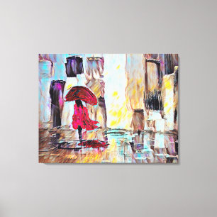 Woman Walking In The Rain Abstract Art Canvas Print