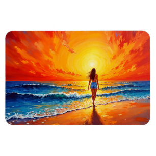 Woman walking ocean beach warm sunset magnet