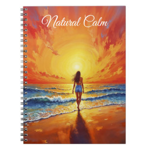 Woman walking ocean beach warm sunset notebook