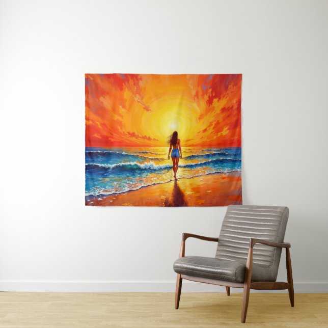 Woman walking ocean beach warm sunset tapestry (In Situ (Horizontal))