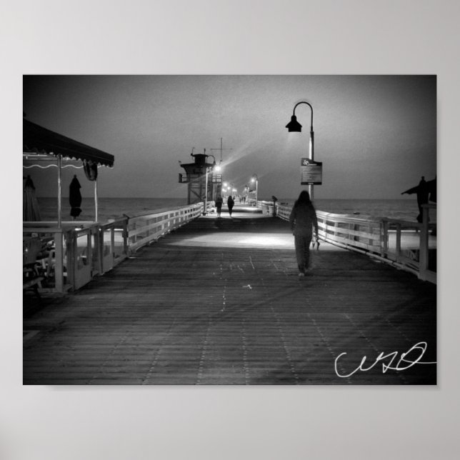 Woman Walking on the Pier. in San Clemente B&W Poster (Front)