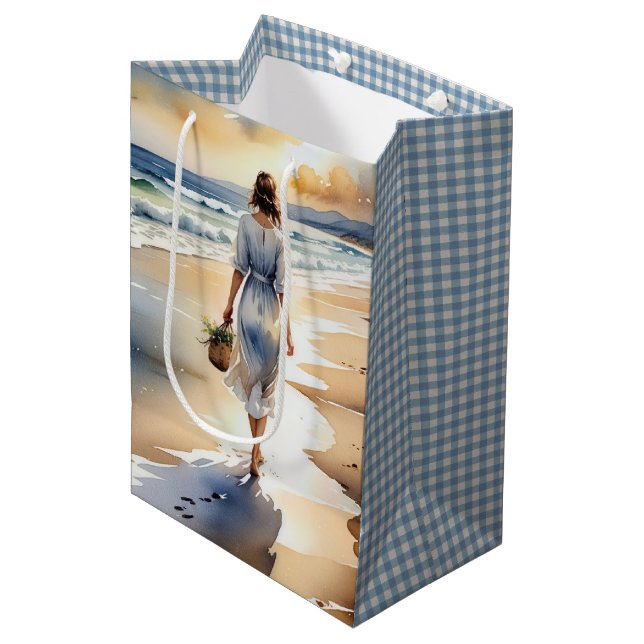 Woman Walking the Beach Watercolor Medium Gift Bag (Front Angled)