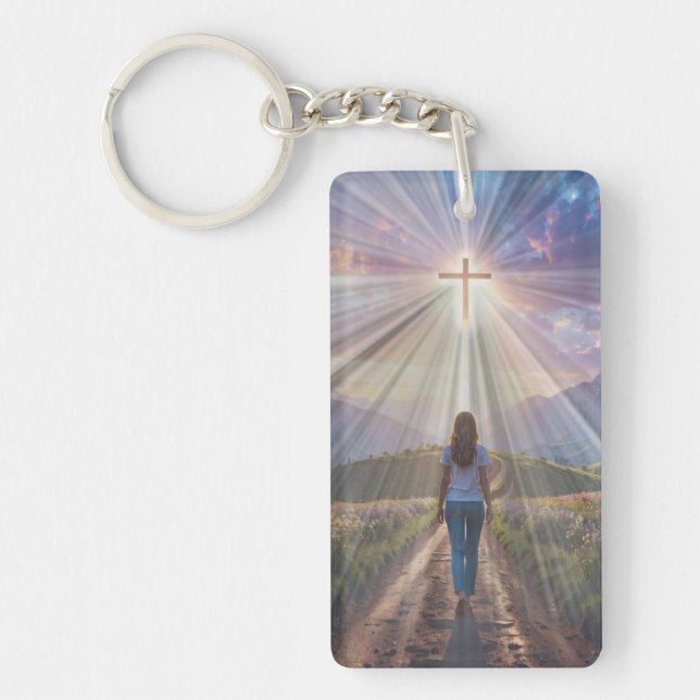 Woman Walking Toward Glowing Cross – Faith Journey Keychain (Front)