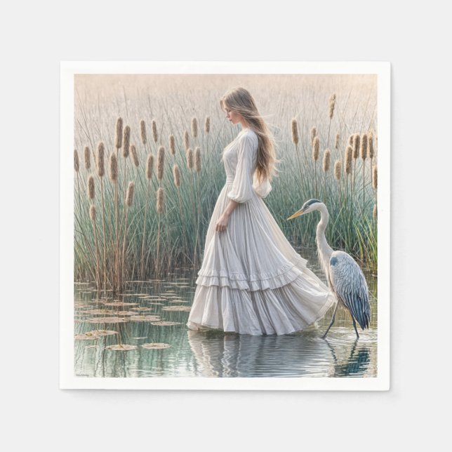 Woman Walking With Blue Heron Napkin (Front)
