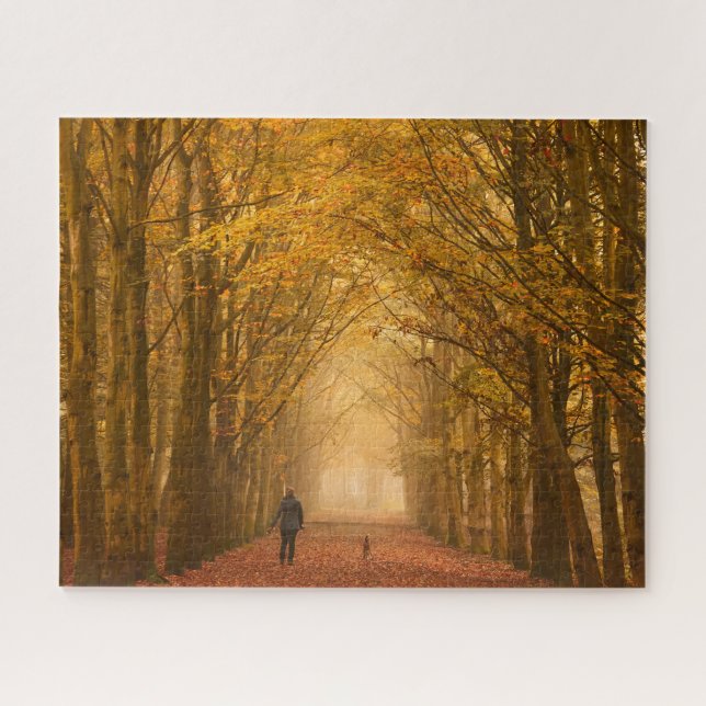 Woman walking with her dog on fall morning jigsaw puzzle (Horizontal)