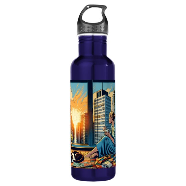 Woman Watching the Sunrise with her Cat 710 Ml Water Bottle (Front)