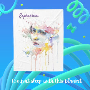 Woman Watercolor Face Expression Fleece Blanket
