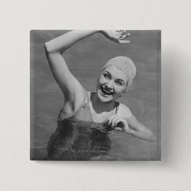 Woman Waving 2 Inch Square Button (Front)