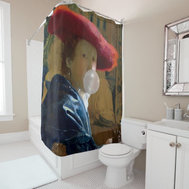 Woman wearing a red hat blowing a bubble gum (In Situ)