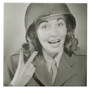 Woman Wearing an Army Helmet Tile
