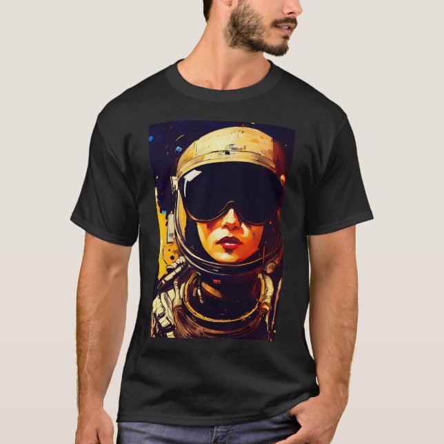 Woman Wearing Astronaut Helmet T-Shirt (Front)