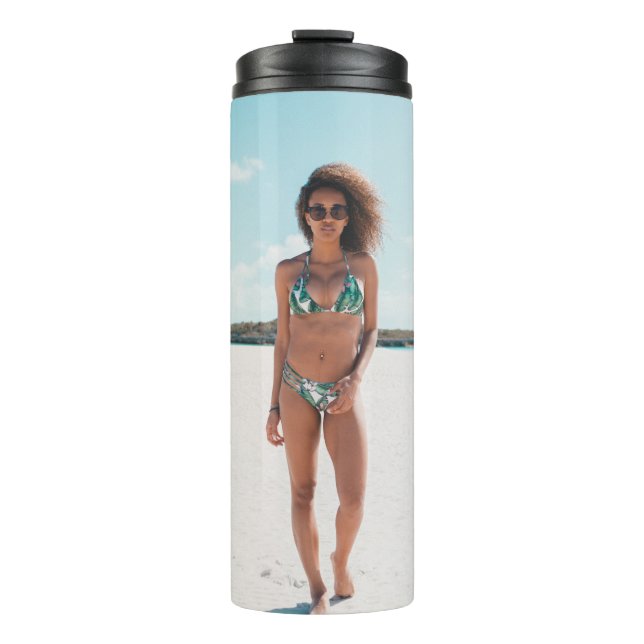 Woman wearing bikini standing on sand thermal tumbler (Front)