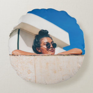 Woman wearing black sunglasses round pillow