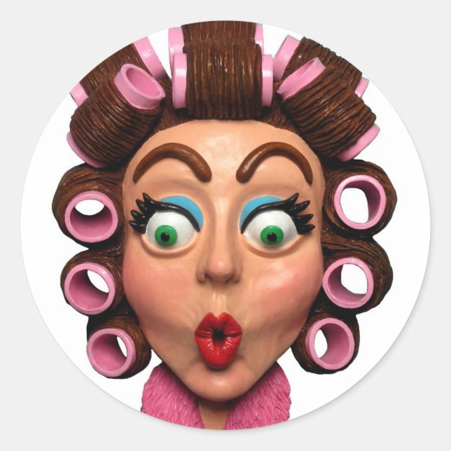 Woman Wearing Curlers Classic Round Sticker (Front)