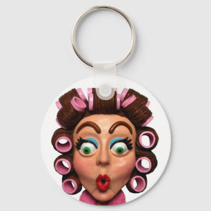 Woman Wearing Curlers Keychain