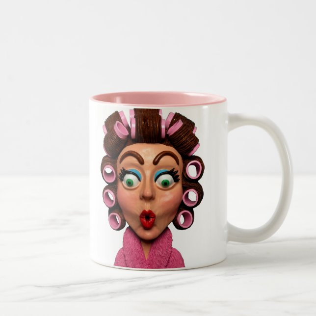 Woman Wearing Curlers Two-Tone Coffee Mug (Right)