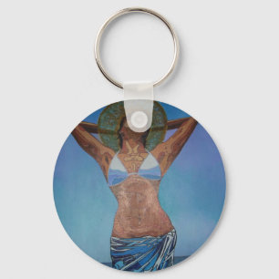 Woman Wearing Hat And Sarong Enjoying Summer Keychain