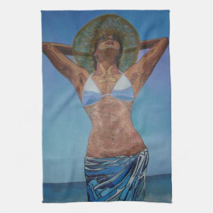 Woman Wearing Hat And Sarong Enjoying Summer Kitchen Towel