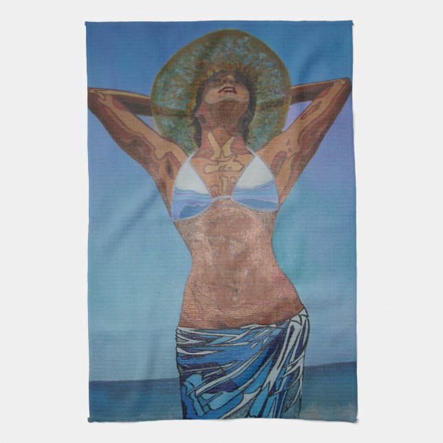 Woman Wearing Hat And Sarong Enjoying Summer Kitchen Towel (Vertical)