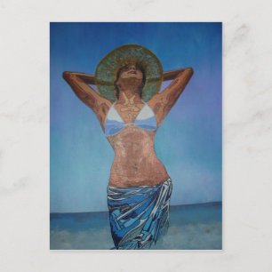 Woman Wearing Hat And Sarong Enjoying Summer Postcard