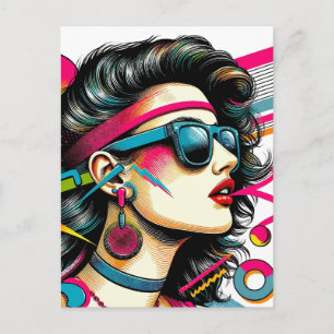 Woman wearing sunglasses colorful pop art postcard