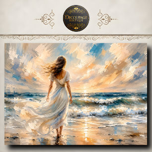 Woman White Dress Ocean Sunset Decoupage Tissue Paper