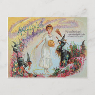 Woman Witch Goblin Jack O Lantern Pumpkin Postcard