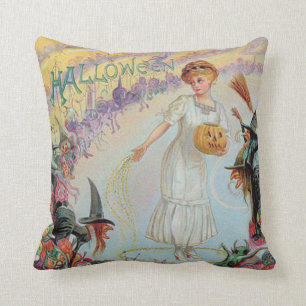 Woman Witch Goblin Jack O Lantern Pumpkin Throw Pillow