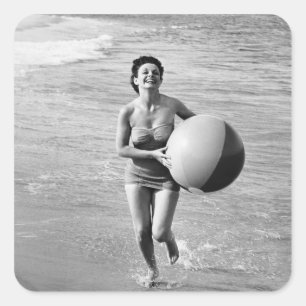 Woman with a Beach Ball Square Sticker