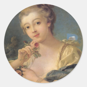 Woman with a Bouquet of Roses by Francois Boucher Classic Round Sticker