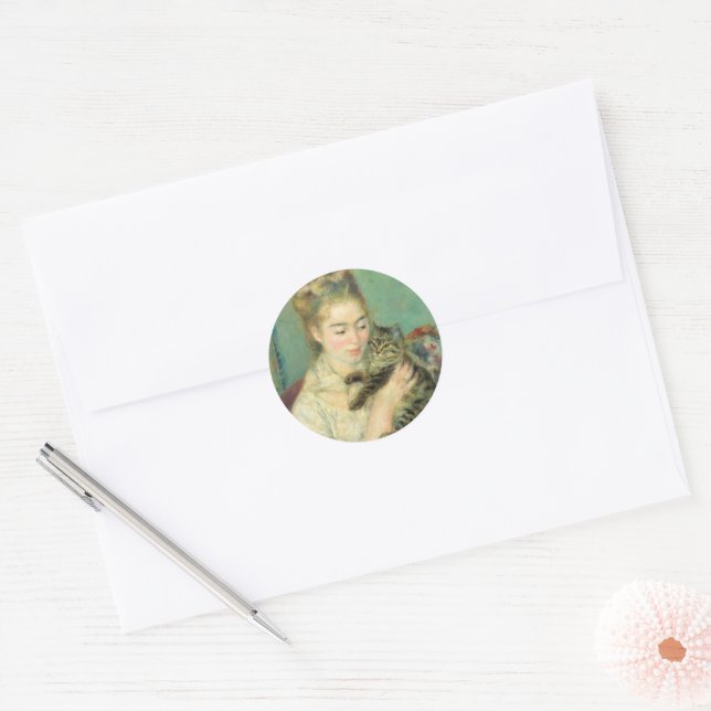 Woman with a Cat by Auguste Renoir Classic Round Sticker (Envelope)