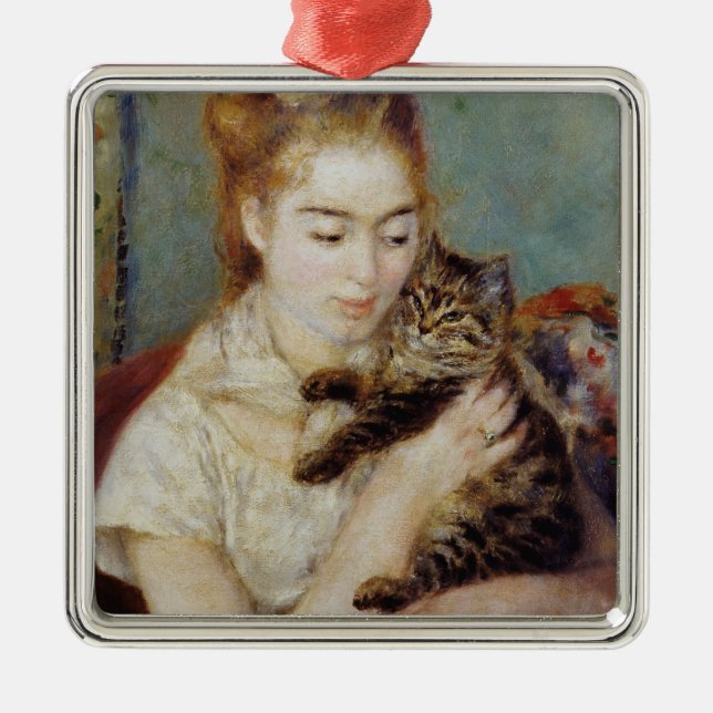 Woman with a Cat by Pierre-Auguste Renoir Metal Ornament (Front)