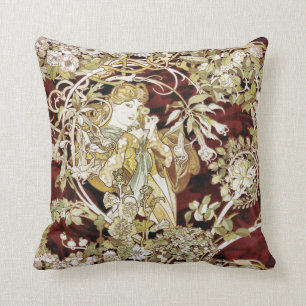 Woman with a Daisy Alphonse Mucha Fine Art Throw Pillow
