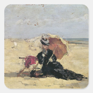 Woman with a Parasol on the Beach, 1880 Square Sticker