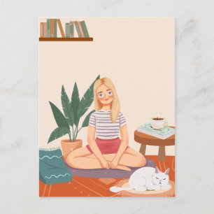 Woman With A Plants And a cat in cozy home Postcard