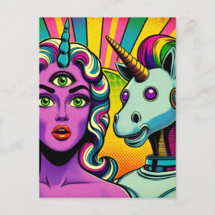 Woman With a Third Eye and a Robot Unicorn Postcard