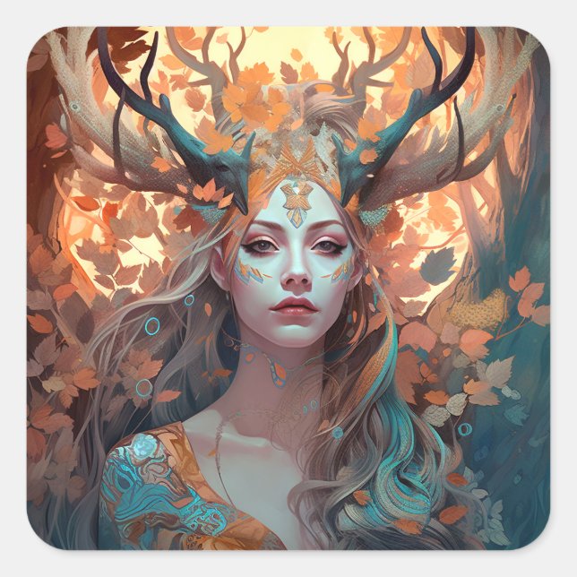 Woman With Antlers Fantasy Art Square Sticker (Front)