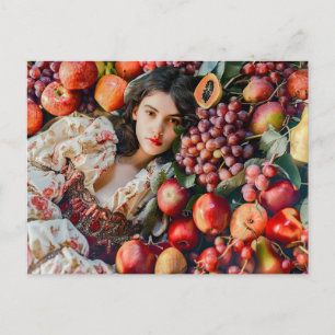 Woman with apples and grapes postcard